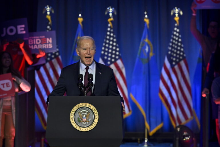 epa11128053 US President Joe Biden speaks at a campaign event at the Pearson Community Center in North Las Vegas, Nevada, USA, 04 February 2024. The Nevada Democratic primary will be held on 06 February 2024. EPA/DAVID BECKER