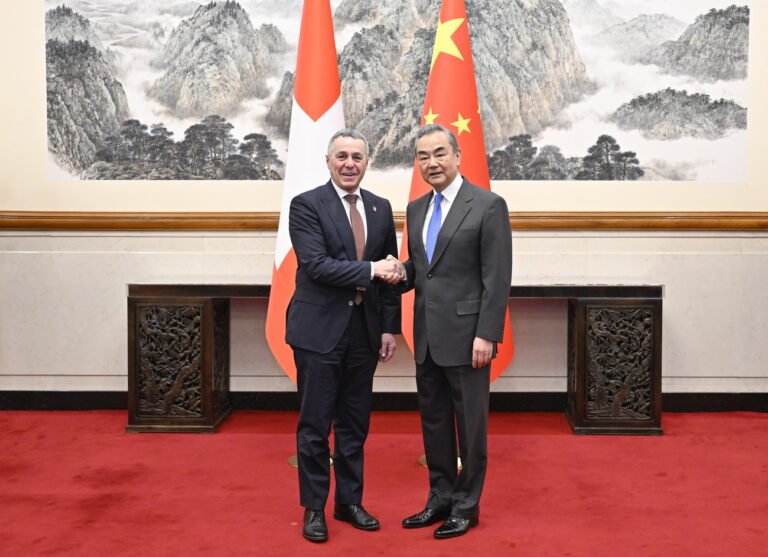 epa11134808 Chinese Foreign Minister Wang Yi, also a member of the Political Bureau of the Communist Party of China Central Committee, co-chairs the third round of the China-Switzerland Foreign Ministers' Strategic Dialogue with Swiss Federal Councilor and Foreign Minister Ignazio Cassis in Beijing, China, 07 February 2024. EPA/XINHUA / YIN BOGU CHINA OUT / UK AND IRELAND OUT / MANDATORY CREDIT EDITORIAL USE ONLY EDITORIAL USE ONLY