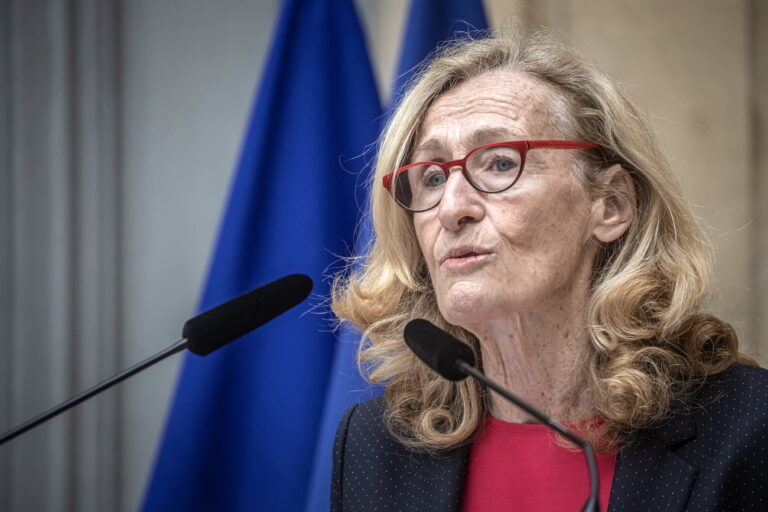 epa11138996 French newly appointed Education Minister Nicole Belloubet speaks during a handover ceremony in Paris, France, 09 February 2024. The French presidency announced that former justice minister Nicole Belloubet would take over the Ministry of Education portfolio from Amelie Oudea-Castera, also serving as Sports Minister, less than a month after the cabinet reshuffle on 11 January 2024. EPA/CHRISTOPHE PETIT TESSON