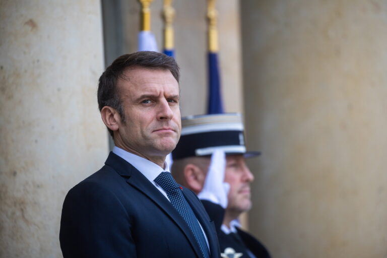 epa11147536 French President Macron arrives to welcome Polish Prime Minister Tusk (unseen) before their meeting at Elysee palace in Paris, France, 12 February 2024. Polish Prime Minister Tusk met with the French President and then will travel to Berlin to meet with the German Chancellor. Paris and Berlin are among the first European capitals Tusk will visit since taking office. EPA/CHRISTOPHE PETIT TESSON