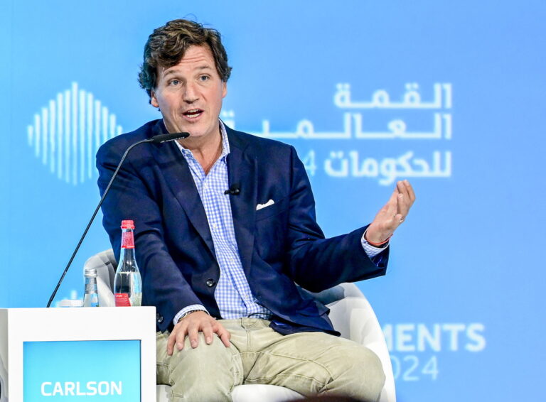 epa11147576 Founder of The Tucker Carlson Network Tucker Carlson attends a session at the World Governments Summit in Dubai, United Arab Emirates, 12 February 2024. The World Governments Summit Organization is an international, impartial, nonprofit group whose goal is to influence how governments operate in the future. The summit is held in Dubai between 12-14 February. EPA/STRINGER