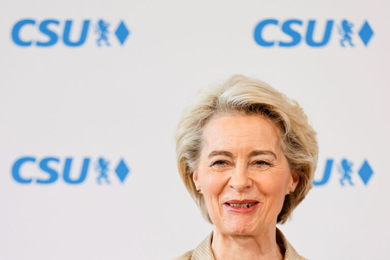 epa11157447 European Commission President Ursula von der Leyen speaks during a press statement for the 'Transatlantic Forum' as a side event of the 60th Munich Security Conference (MSC), in Munich, Germany, 16 February 2024. More than 500 high-level international decision-makers meet at the 60th Munich Security Conference in Munich during their annual meeting from 16 to 18 February 2024 to discuss global security issues. EPA/RONALD WITTEK