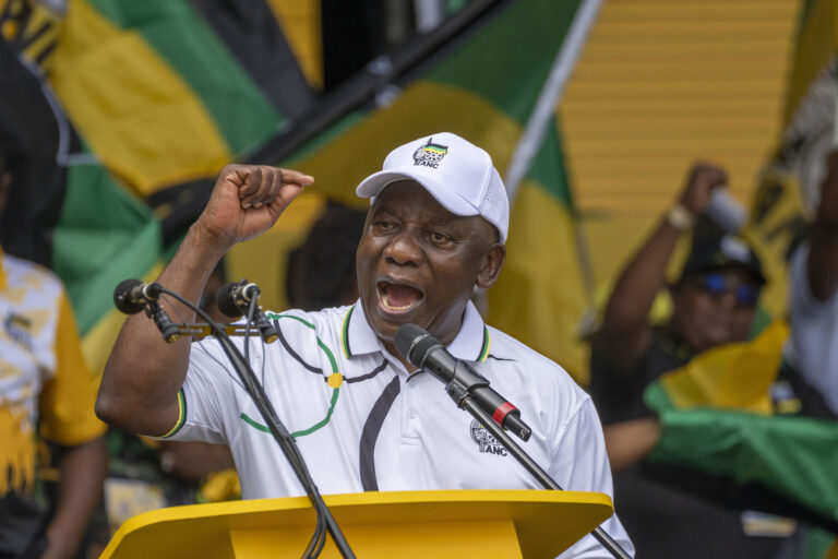 South African President Cyril Ramaphosa delivers his speech at the Mose Mabhida stadium in Durban, South Africa, Saturday, Feb. 24, 2024, during the African National Congress national manifesto launch in anticipation of the 2024 general elections. (AP Photo/Jerome Delay)