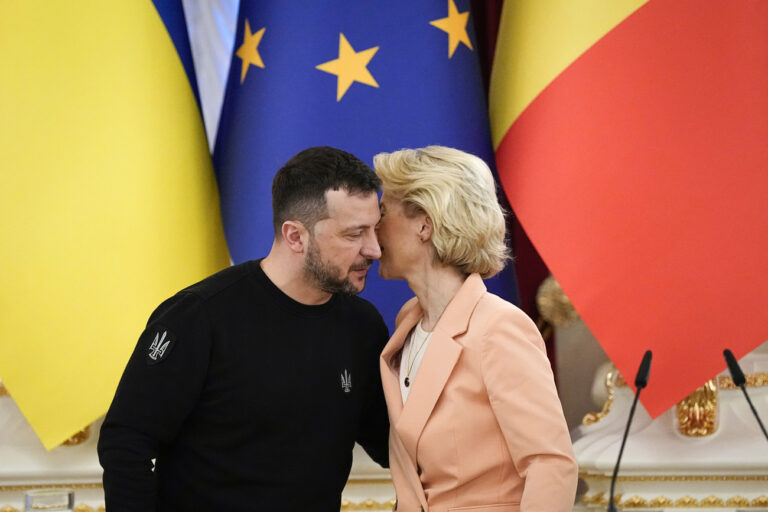Ukrainian President Volodymyr Zelenskyy talks with EU Commission President Ursula von der Leyen during meeting with media at Mariinsky Palace in Kyiv, Ukraine, Saturday, Feb. 24, 2024. President Volodymyr Zelenskyy has welcomed Western leaders to Kyiv to mark the second anniversary of Russia's full-scale invasion, as Ukrainian forces run low on ammunition and foreign aid hangs in the balance. (AP Photo/Efrem Lukatsky)