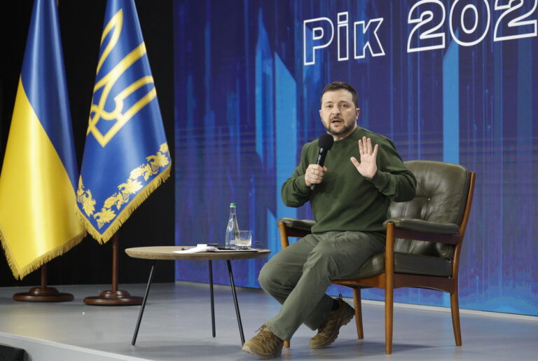 epa11180972 Ukrainian President Volodymyr Zelensky addresses the Forum 'Ukraine. Year 2024' in Kyiv, Ukraine, 25 February 2024. According to the Presidential Office, the main topics of the forum are the achievement of Ukrainian goals in the war, the development of the Ukrainian Defense and Security Forces, the operation of the Ukrainian defense-industrial complex, ensuring economic growth and Ukraine's integration into the world markets, the implementation of the Ukrainian Peace Formula, security commitments for Ukraine, and the protection of people. EPA/SERGEY DOLZHENKO