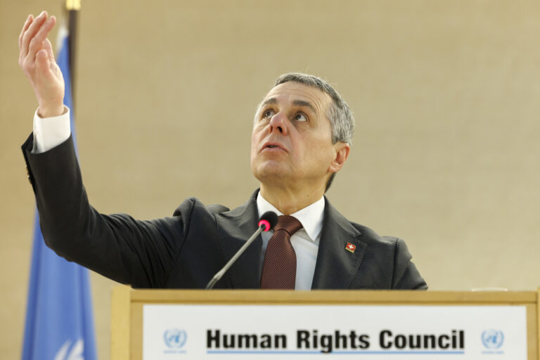 Swiss Foreign Minister Ignazio Cassis delivers his remarks, during the opening of the High-Level Segment of the 55th session of the Human Rights Council at the European headquarters of the United Nations in Geneva, Switzerland, Monday, February 26, 2024. (KEYSTONE/Salvatore Di Nolfi)