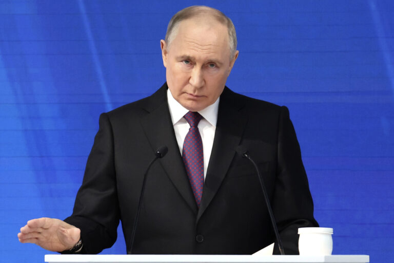 Russian President Vladimir Putin delivers his state-of-the-nation address in Moscow, Russia, Thursday, Feb. 29, 2024. (Mikhail Klimentyev, Sputnik, Kremlin Pool Photo via AP)