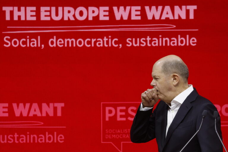 epa11194145 German Chancellor Olaf Scholz attends the Party of European Socialists (PES) Election Congress, in Rome, Italy, 02 March 2024. EPA/FABIO FRUSTACI