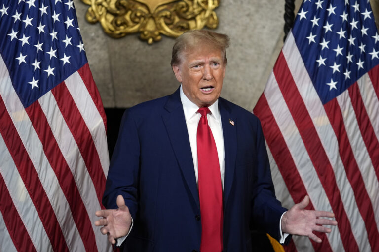 Republican presidential candidate former President Donald Trump speaks at his Mar-a-Lago estate, Monday, March 4, 2024, in Palm Beach, Fla. The Supreme Court unanimously restored Trump to 2024 presidential primary ballots, rejecting state attempts to ban him over the Capitol riot.(AP Photo/Rebecca Blackwell)