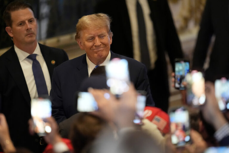 Republican presidential candidate former President Donald Trump greets supporters after he speaks at a Super Tuesday election night party, Tuesday, March 5, 2024, at Mar-a-Lago in Palm Beach, Fla. (AP Photo/Rebecca Blackwell)