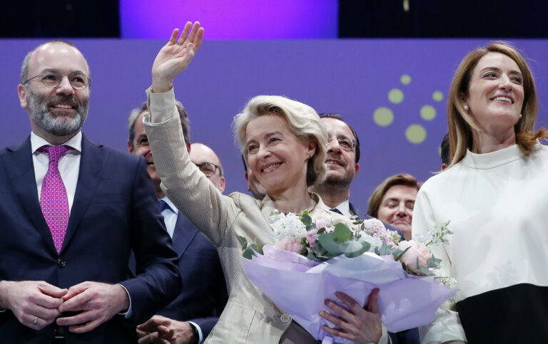 epa11203911 European Commission President Ursula von der Leyen (C), the EPP candidate for the same position, celebrates with EPP president Manfred Weber (L) and European Parliament President Roberta Metsola (R), after winning the ballot at the European People's Party Congress in Bucharest, Romania, 07 March 2024. The European People's Party (EPP) party holds its Congress in Romania's capital on 06 and 07 March, to choose their candidates for the EU Parliament elections, and as well their nominees for the EU leadership. European Union parliamentary elections will take place from 06 until 09 June 2024. EPA/ROBERT GHEMENT