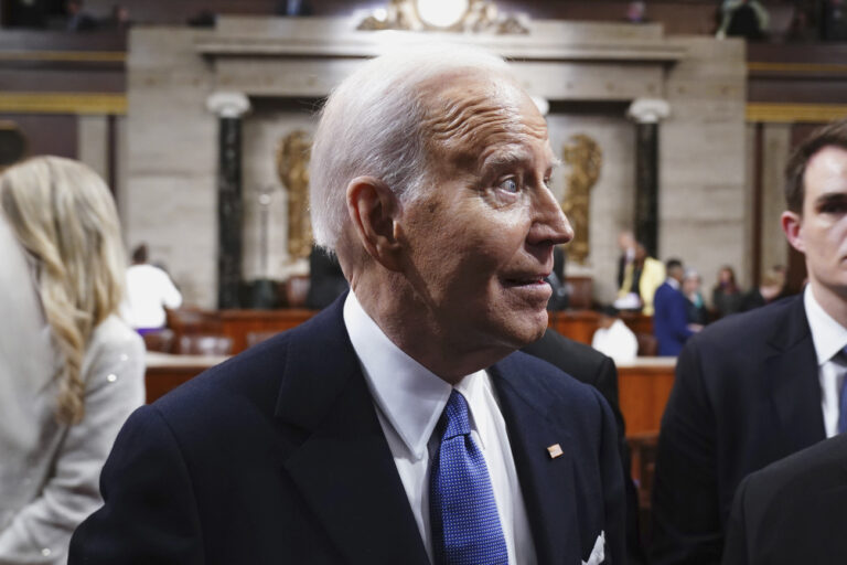 President Joe Biden departs after delivering the State of the Union address to a joint session of Congress at the Capitol, Thursday, March 7, 2024, in Washington. (Shawn Thew/Pool via AP)