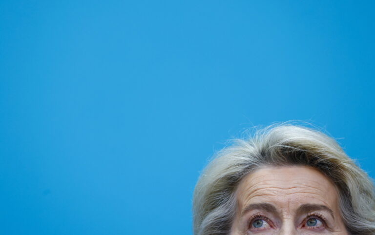 epa11214541 European Commission President Ursula von der Leyen looks on during a news conference on the CDU and CSU's joint European election program at the CDU party's headquarters in Konrad Adenauer House, Berlin, Germany, 11 March 2024. The EPP party family has chosen Ursula von der Leyen as its lead candidate for the European elections. She is hoping for a second five-year mandate as EU Commission President. European Union parliamentary elections will take place from 06 until 09 June 2024. EPA/HANNIBAL HANSCHKE