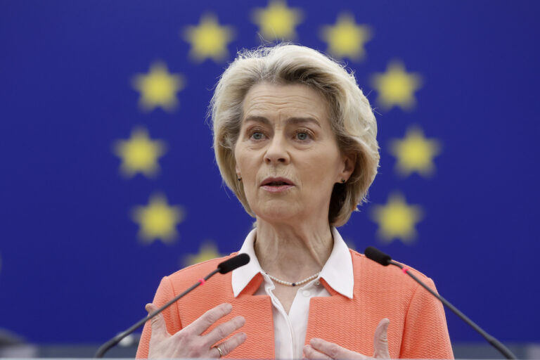 President of the European Commission Ursula von der Leyen delivers her speech as part of the preparation of the European Council meeting of March 21-22 2024, Tuesday, March 12, 2024 in Strasbourg, eastern France. (AP Photo/Jean-Francois Badias)
