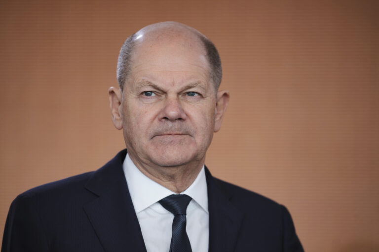 German Chancellor Olaf Scholz arrives for cabinet meeting at the chancellery in Berlin, Wednesday, March 13, 2024. (AP Photo/Markus Schreiber)