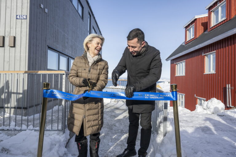 epa11222664 European Commission President Ursula von der Leyen (L) and Greenland's Prime Minister Mute Bourup Egede cut the ribbon to mark the opening of the new EU office in Nuuk, Greenland, 15 March 2024. The opening of the EU Office in Nuuk and in the wider Arctic region is part of the EU's Arctic strategy, according to the European Commission. EPA/LEIFF JOSEFSEN DENMARK OUT