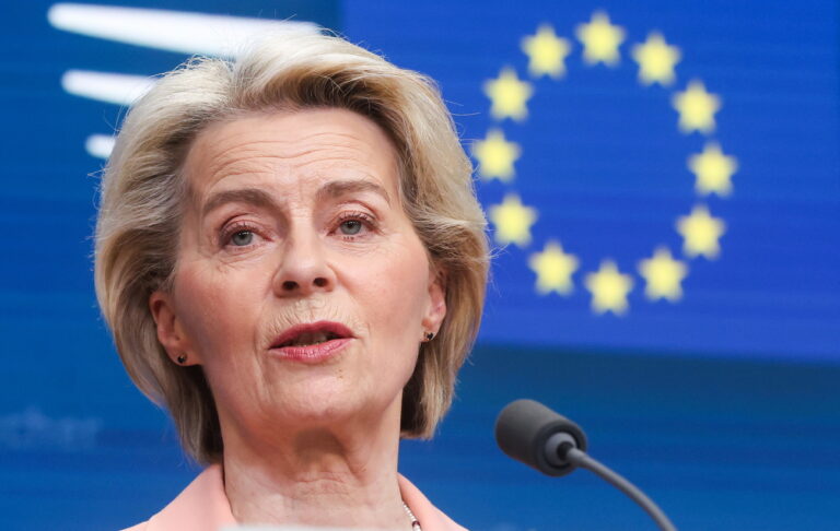 epa11235130 European Commission President Ursula von der Leyen addresses a press conference at the end of the first day of a two-day EU summit in Brussels, Belgium, 21 March 2024. EU leaders are meeting in Brussels to discuss continued support for Ukraine, the developing situation in the Middle East, security and defense, enlargement, external relations, migration, agriculture as well as the European semester. EPA/OLIVIER HOSLET