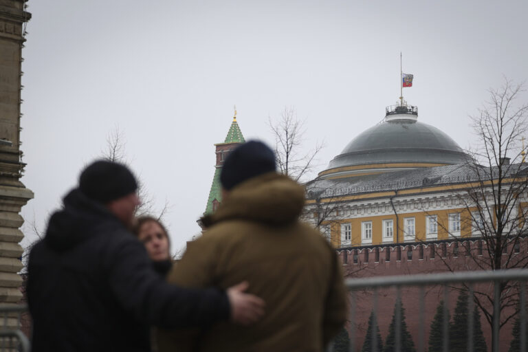 Russian President's Flag flies at half mast over the Kremlin in Moscow, Russia, Sunday, March 24, 2024. Russia observed a national day of mourning on Sunday, two days after an attack on a suburban Moscow concert hall that killed over 130 people. (AP Photo/Vitaly Smolnikov)