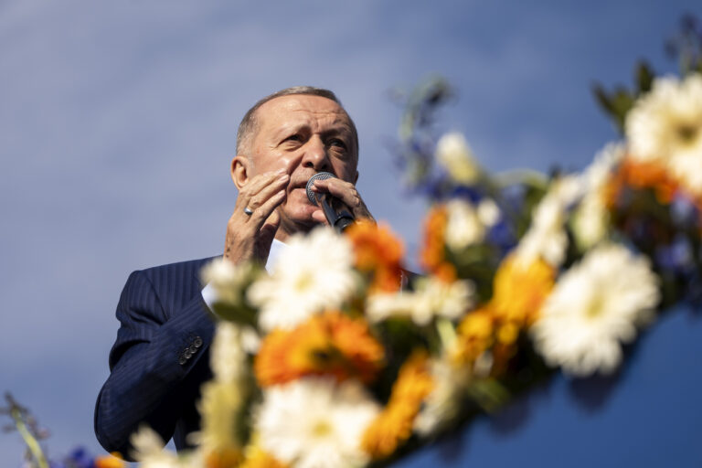Turkish President and leader of the Justice and Development Party, or AKP, Recep Tayyip Erdogan gives a speech during a campaign rally ahead of nationwide municipality elections, in Istanbul, Turkey, Sunday, March 24, 2024. On March 31 nationwide elections, the AKP ruling party will try to recover cities lost to the opposition five years ago, including the country's largest city, Istanbul, and the capital, Ankara. (AP Photo/Francisco Seco)
