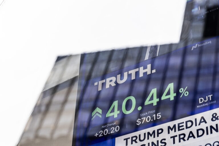 epa11244644 A television screen shows the share price for the Trump Media and Technology Group, the parent company of former US President Donald Trump's social media platform Truth Social, as the company began trading under the ticker symbol 'DJT' at the Nasdaq stock exchange in New York, New York, USA, 26 March 2024. The stock gained 40 percent in value in early trading. EPA/JUSTIN LANE
