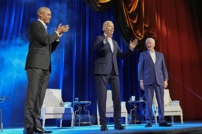 President Joe Biden and former presidents Barack Obama and Bill Clinton participate in a fundraising event at Radio City Music Hall, Thursday, March 28, 2024, in New York. (AP Photo/Alex Brandon)