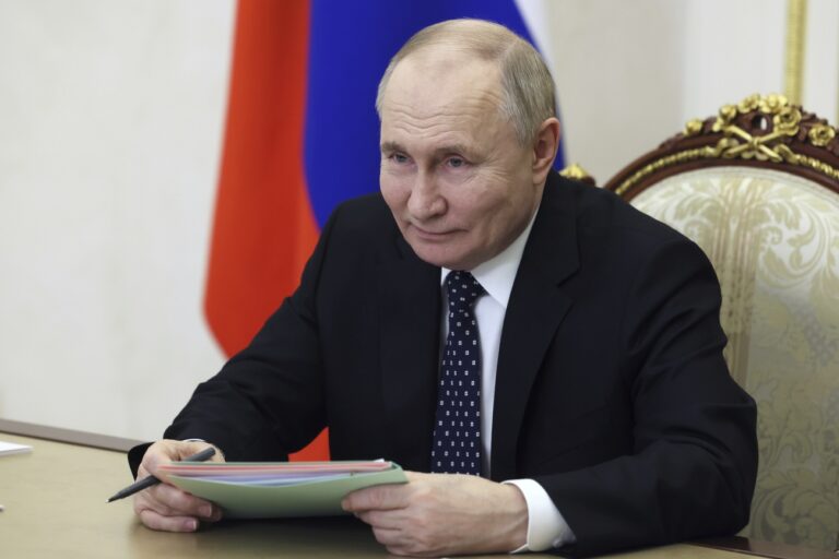 Russia President Vladimir Putin attends a ceremony to open new youth centres in Russia's regions via videoconference at Kremlin in Moscow, Russia, Thursday, April 4, 2024. (Mikhail Metzel, Sputnik, Kremlin Pool Photo via AP)