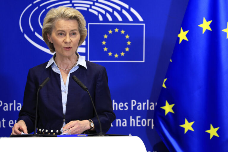 European Commission President Ursula von der Leyen participates in a media conference at the European Parliament in Brussels, Wednesday, April 10, 2024. Lawmakers are voting Wednesday on a major revamp of the European Union's migration laws aiming to end years of division over how to manage the entry of thousands of people without authorization and deprive the far-right of a vote-winning campaign issue ahead of June elections. (AP Photo/Geert Vanden Wijngaert)