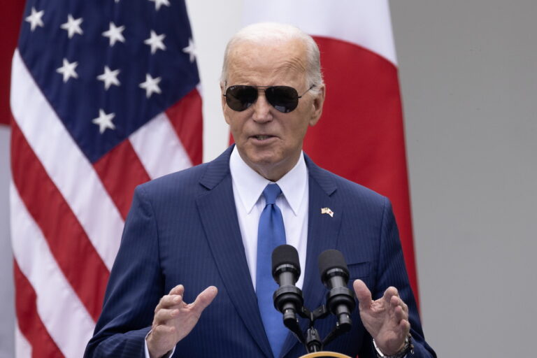 epa11270967 US President Joe Biden speaks during a joint news conference with Prime Minister of Japan Fumio Kishida (not pictured), in the Rose Garden of the White House in Washington, DC, USA, 10 April 2024. Prime Minister Fumio Kishida of Japan is making the first State visit to the White House of a Japanese prime minister in nine years. EPA/MICHAEL REYNOLDS