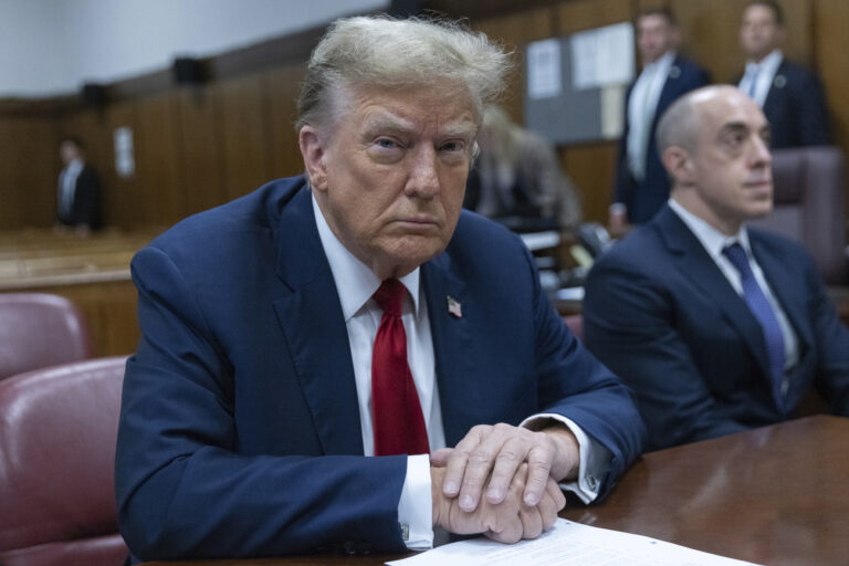 Former U.S. President Donald Trump sits inside a Manhattan criminal court in New York, on Monday, April 15, 2024. The hush money trial of former President Trump begins Monday with jury selection. It's a singular moment for American history as the first criminal trial of a former U.S. commander in chief. (Jeenah Moon/Pool Photo via AP)