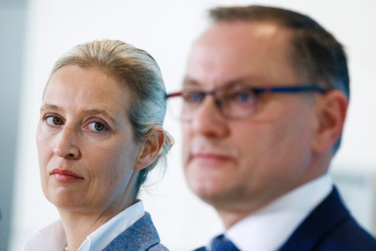 epa11295708 Alternative for Germany (AfD) party and faction co-chairwoman Alice Weidel (L) and Alternative for Germany (AfD) party and faction co-chairman Tino Chrupalla look on during a press statement prior to a faction meeting at the German parliament Bundestag in Berlin, Germany, 23 April 2024. According to the German Federal Prosecutor General, police arrested a man on suspicion of spying for China on 22 April 2024, who had been working for the AfD lead candidate for the 2024 EU elections, Maximilian Krah. EPA/CLEMENS BILAN