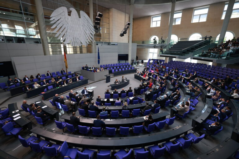 epa11302238 Members of the government coalition raise their hands during a voting session on the Federal Climate Protection Act at the German parliament 'Bundestag' in Berlin, Germany, 26 April 2024. The German parliament holds consultation and is expected to vote on a draft of a second act to amend the Federal Climate Protection Act. EPA/CLEMENS BILAN