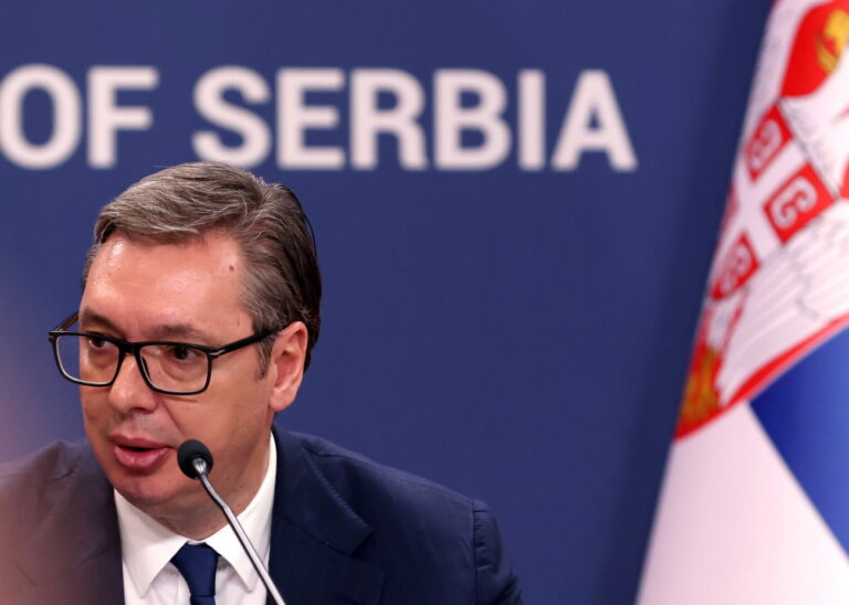 epa11326517 Serbian President Aleksandar Vucic gives a media statement following his meeting with the Chinese president in Belgrade, Serbia, 08 May 2024. The Chinese president is on a two-day official visit to Serbia. EPA/ANDREJ CUKIC