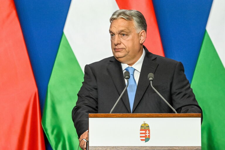 epa11329763 Hungarian Prime Minister Viktor Orban speaks during his joint press conference with Chinese President (not pictured) following their talks at the PM's office, the former Carmelite Monastery, in Budapest, Hungary, 09 May 2024. EPA/Szilard Koszticsak HUNGARY OUT