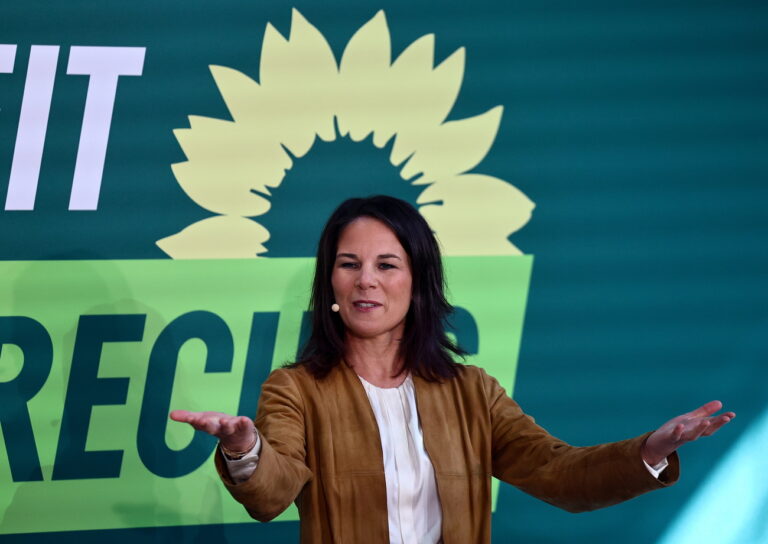 epa11336588 Germany's Foreign Minister Annalena Baerbock speaks during the German Greens party kick-off campaign tour for the upcoming 2024 European elections, in Berlin, Germany, 13 May 2024. EPA/FILIP SINGER