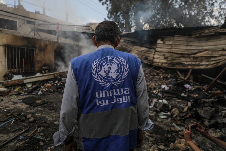 epa11339653 An UNRWA employee inspects a destroyed United Nations school following an air strike in Al Nuseirat refugee camp, central Gaza Strip, 14 May 2024. At least six people were killed in the strike which hit the UNRWA (United Nationas Relief and Works Agency for Palestinians in the near east) school, according to the Palestinian Civil Defense in Gaza. More than 35,000 Palestinians and over 1,455 Israelis have been killed, according to the Palestinian Health Ministry and the Israel Defense Forces (IDF), since Hamas militants launched an attack against Israel from the Gaza Strip on 07 October 2023, and the Israeli operations in Gaza and the West Bank which followed it. EPA/MOHAMMED SABER