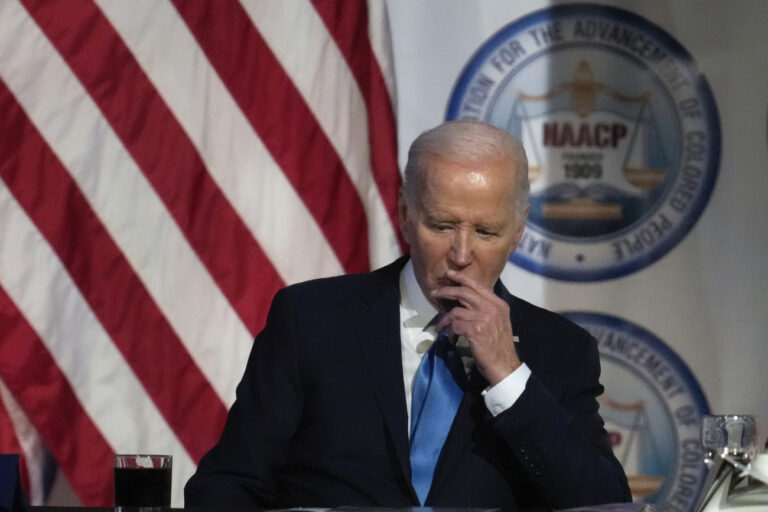 President Joe Biden appears at the NAACP Detroit branch Fight for Freedom Fund dinner in Detroit, Sunday, May 19, 2024. (AP Photo/Paul Sancya)