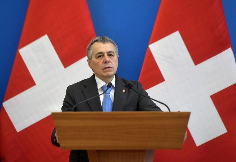 epa11362639 Swiss Foreign Minister Ignazio Cassis speaks during a joint press conference with the Hungarian minister of foreign affairs and trade following their meeting in the latter's office in Budapest, Hungary, 23 May 2024. EPA/Lajos Soos HUNGARY OUT