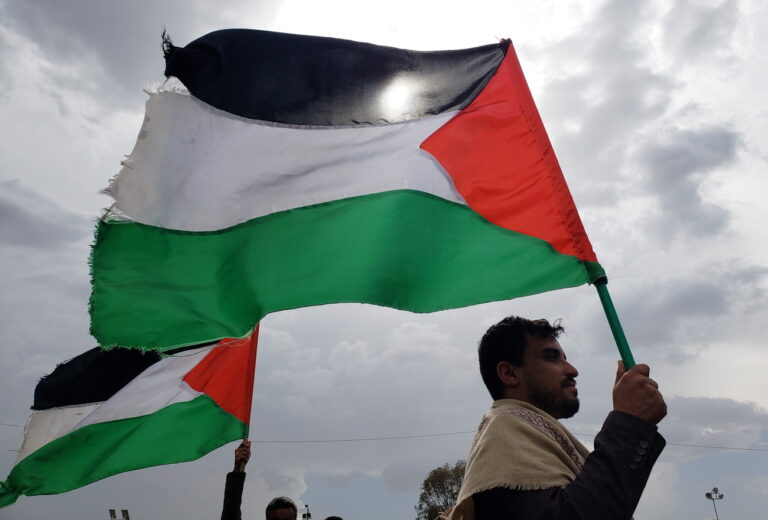 epa11366287 Houthi supporters hold Palestinian flags in solidarity with the Palestinian people, in Sana'a, Yemen, 24 May 2024. Thousands of Houthi supporters participated in a solidarity protest to support the Palestinian people in the midst of the current conflict between Israel and Hamas in the Gaza Strip. HouthisâÄ™ leader, Abdul-Malik al-Houthi, claimed in a televised speech on 23 May that Yemen's Houthis have launched eight attacks against ships sailing in the Red Sea, the Gulf of Aden, and the Indian Ocean in the previous week, as well as an attack targeting the Mediterranean Sea, aiming to halting IsraelâÄ™s operations in Gaza. EPA/YAHYA ARHAB