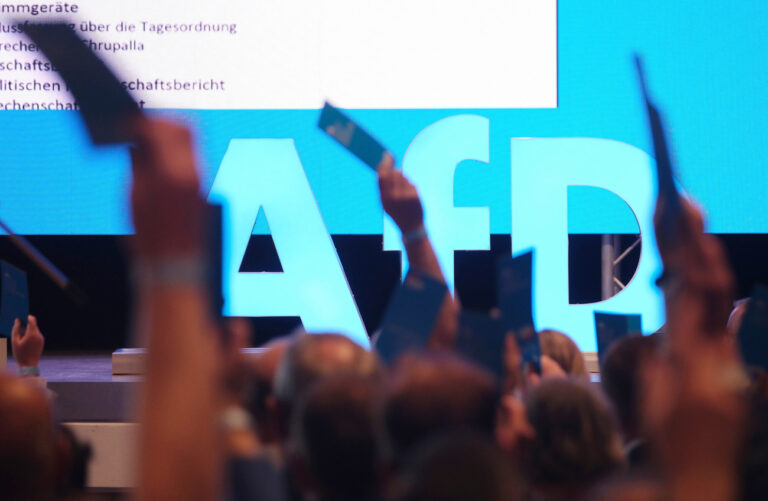 24.05.2024, Sachsen, Glauchau: Delegierte halten beim Landesparteitag der sächsischen AfD Stimmkarten in die Höhe. Dort wird ein neuer Landesvorstand gewählt. Foto: Sebastian Willnow/dpa +++ dpa-Bildfunk +++ (KEYSTONE/DPA/Sebastian Willnow)