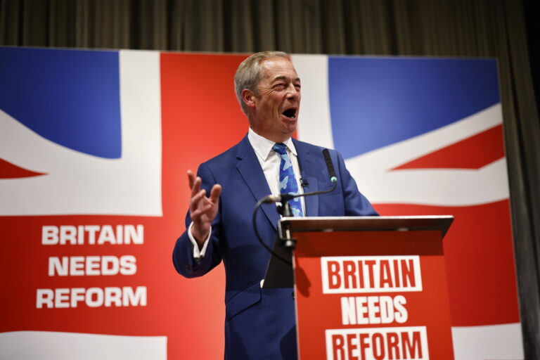 epa11387693 The new leader of Reform UK and prospective parliamentary candidate for Clacton Nigel Farage speaks during a press conference for the Reform UK party at the Glaziers Hall in London, Britain, 03 June 2024. Farage announced he will stand as a candidate for the Reform UK party in Clacton, Essex, in the upcoming elections. Britain will hold a snap general election on 04 July 2024. EPA/TOLGA AKMEN