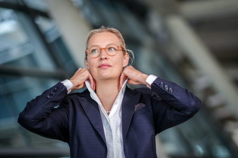 04.06.2024, Berlin: Alice Weidel, Fraktionsvorsitzende der AfD, gibt zu Beginn der Fraktionssitzung ihrer Partei ein Interview. Foto: Kay Nietfeld/dpa +++ dpa-Bildfunk +++ (KEYSTONE/DPA/Kay Nietfeld)