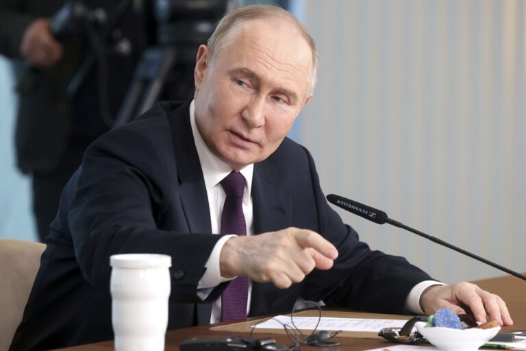 Russian President Vladimir Putin speaks to senior news leaders of international news agencies on the sidelines of the St. Petersburg International Economic Forum at the Lakhta Center skyscraper, the headquarters of Russian gas monopoly Gazprom in St. Petersburg, Russia, on Wednesday, June 5, 2024. (Valentina Pevtsova, Sputnik, Kremlin Pool Photo via AP)