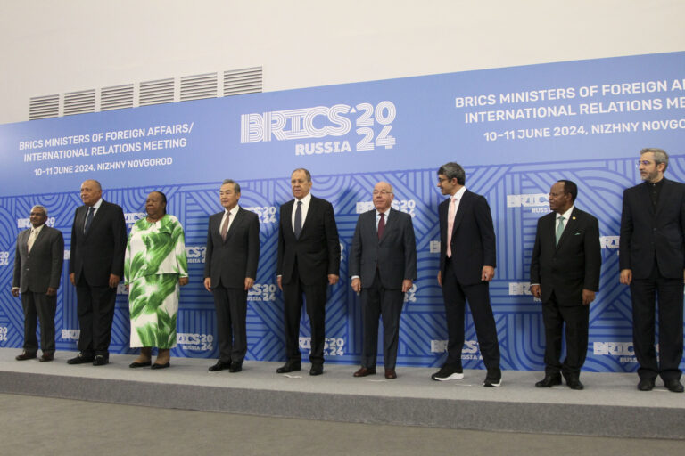 From left, India's BRICS Sherpa Dammu Ravi, Egypt's Foreign Ministers Sameh Shoukry, South Africa's Foreign Ministers Naledi Pandor, China's Foreign Minister Wang Yi, Russian Foreign Minister Sergey Lavrov, Brazil's Foregn Minister Mauro Vieira, UAE Foreign Minister Sheikh Abdullah bin Zayed Al Nahyan, Ethiopia's Foreign Minister Taye Atske Selassie and Iranian Acting Foreign Minister Ali Bagheri Kani pose for a photo on the sidelines of the meeting of BRICS foreign ministers in Nizhny Novgorod, Russia, Monday, June 10, 2024. (AP Photo/Roman Yarovitsin)