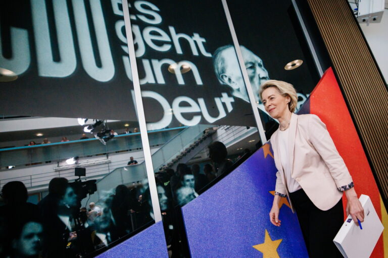 epa11402170 European Commission President Ursula von der Leyen speaks arrives to attend a press conference at the Christian Democratic Union (CDU) party's headquarters in Berlin, Germany, 10 June 2024. The European Parliament elections took place across EU member states from 06 to 09 June 2024. The elections in Germany were held on 09 June. EPA/CLEMENS BILAN