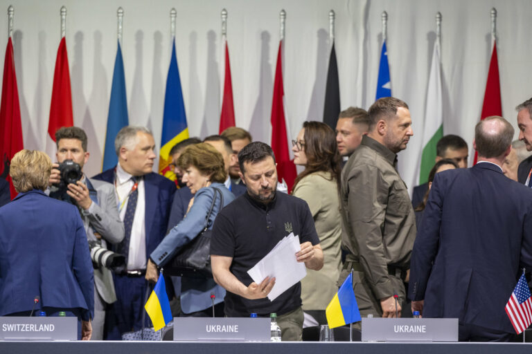 President Volodymyr Zelenskyy of Ukraine speaks during the Ukrainian closing press conference of the Summit on peace in Ukraine, in Stansstad near Lucerne, Switzerland, Sunday, June 16, 2024. Heads of state from around the world gather on the Buergenstock Resort in central Switzerland for the Summit on Peace in Ukraine, on June 15 and 16. (KEYSTONE/EDA/POOL/Urs Flueeler)