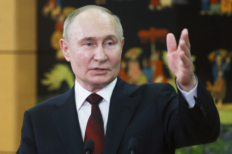 Russian President Vladimir Putin speaks to Russian journalists after attending the Vietnam-Russia talks prior to his departure at an international airport in Hanoi, Thursday, June 20, 2024. (Vladimir Smirnov, Sputnik, Kremlin Pool Photo via AP)