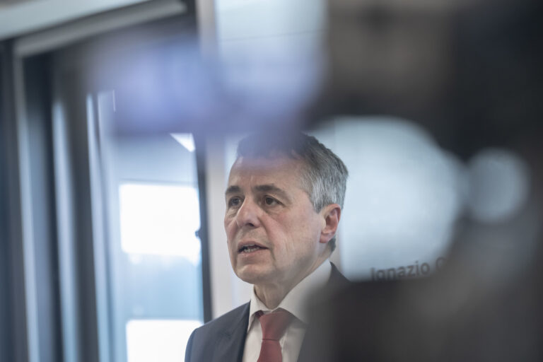 Swiss Federal Councillor Ignazio Cassis speaks during a press conference in Locarno, southern Switzerland on Sunday June 30, 2024. The storm in the night from Saturday to Sunday destroyed various traffic routes. Following the landslide in the Maggia Valley, rescuers recovered two bodies on Sunday. One person is still missing, according to the Ticino cantonal police in Valle Maggia. (KEYSTONE/Ti-Press/Pablo Gianinazzi).