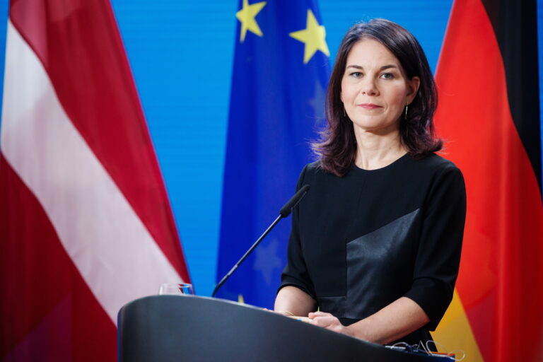 epa11449826 German Foreign Minister Annalena Baerbock attends a joint press conference with Latvian foreign minister at the Foreign Ministry in Berlin, Germany, 01 July 2024. German Foreign Minister Annalena Baerbock and Latvian Foreign Minister Baiba Braze met for bilateral talks. EPA/CLEMENS BILAN