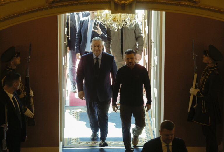 epa11452151 Ukrainian President Volodymyr Zelensky (R) and Hungarian Prime Minister Viktor Orban (L) arrive to their meeting in Kyiv, Ukraine, 02 July 2024. The Hungarian prime minister arrived in Kyiv to discuss 'European peace' with the Ukrainian president as well as current issues in Hungarian-Ukrainian bilateral relations, the Hungarian government spokesman Zoltan Kovacs said. This is Orban's first official visit to Ukraine since the beginning of the Russian invasion in 2022. EPA/SERGEY DOLZHENKO