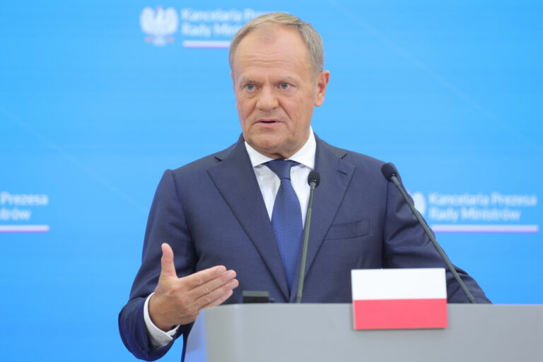 epa11466580 Prime Minister Donald Tusk during a press conference at the Chancellery in Warsaw, after a meeting with the Ukrainian president at the Chancellery in Warsaw, Poland, 08 July 2024. Ukrainian President Volodymyr Zelenski is on a visit to Poland, during which he will also meet with President Andrzej Duda. Polish Prime Minister and Ukrainian President signed a security agreement between Poland and Ukraine. EPA/Rafal Guz POLAND OUT